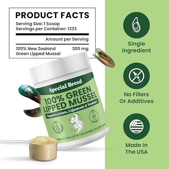 Special Breed Green Lipped Mussel Powder for Dogs &amp; Cats - 100% New Zealand Green Lipped Mussels - Natural Hip &amp; Joint Supplement for Joints, Tendons, Ligaments, Muscles - 400 Grams - 1,333 Servings