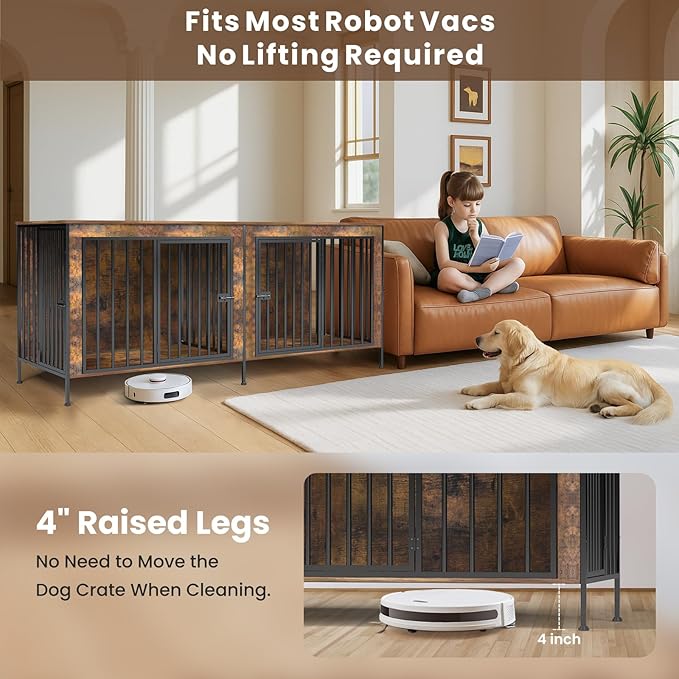 Dog Crate Furniture 78" for 2 Dogs Sturdy Heavy Duty Dog Kennel Solid Metal Tube Thick Wooden with 3 Lockable Doors XXL Double Dog Cage Large Breed as End Table for Large Dogs Rustic Brown