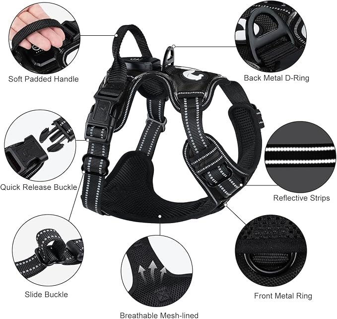 Taglory Light Up Dog Harness, Rechargeable No Pull Dog Vest with 3 Lightning Modes, Reflective Dog Harness with 2 Leash Clips &amp; 4 Adjustable Slide Strips for Large Dogs, Black-Blue, XL