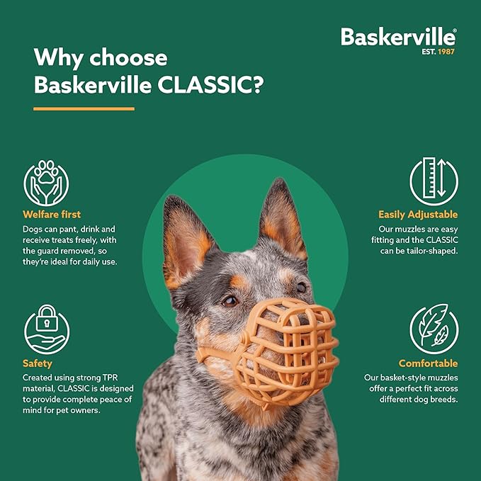Baskerville Classic Basket Muzzle - Dog can Pant and Drink, Prevents Biting and Food Waste Scavenging, Strong TPR, Breathable Dog Training Muzzle for Long Nosed Medium to Large Dogs (Size 8)