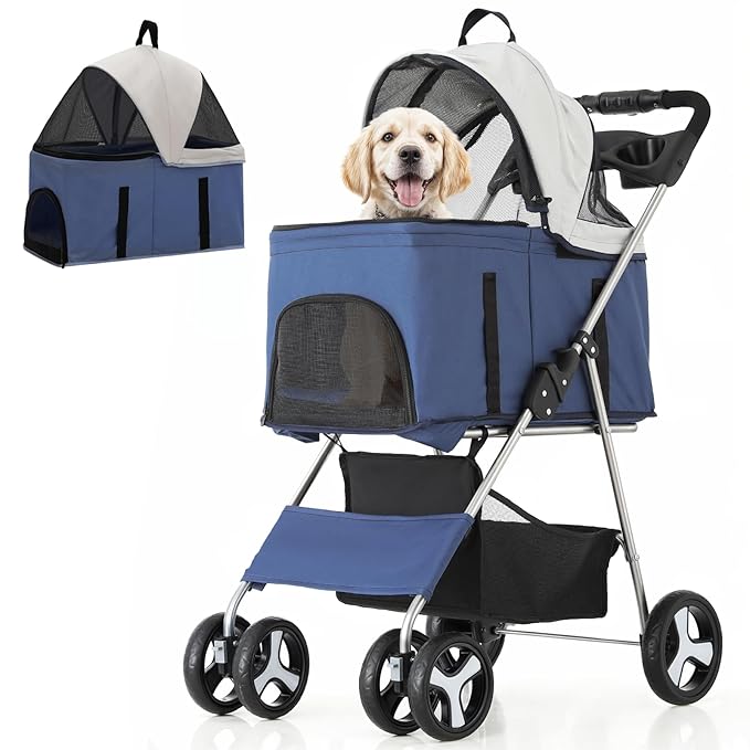 MoNiBloom 3 in 1 Foldable Pet Stroller for Small &amp; Medium Dogs, Detachable Carrier, Car Seat, Push Button Entry, 4-Wheel Jogger for Pets up to 33 lbs, Navy Blue