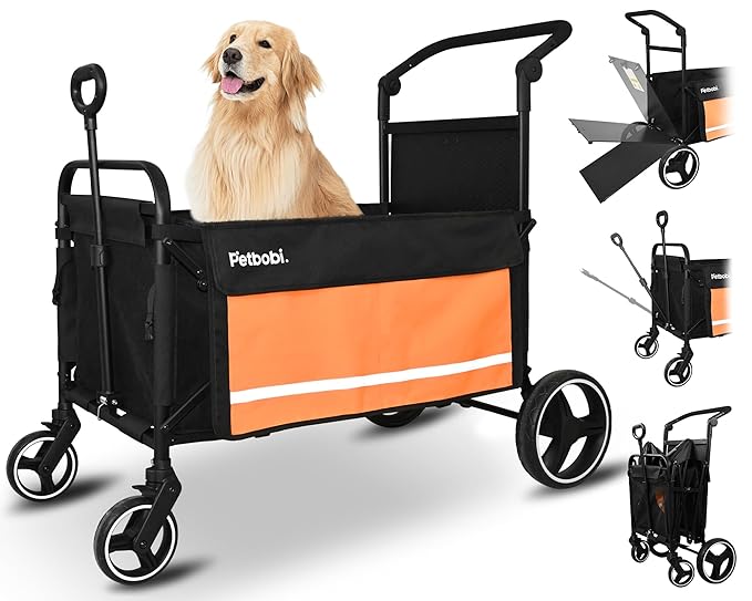 Petbobi Dog Wagon Stroller for Large &amp; Medium Dogs - 2-in-1 Push-Pull Pet Stroller with Ramp, Foldable All Terrain Wagon Cart, One-Step Brake, Suitable for Outdoor Walks &amp; Camping, Orange