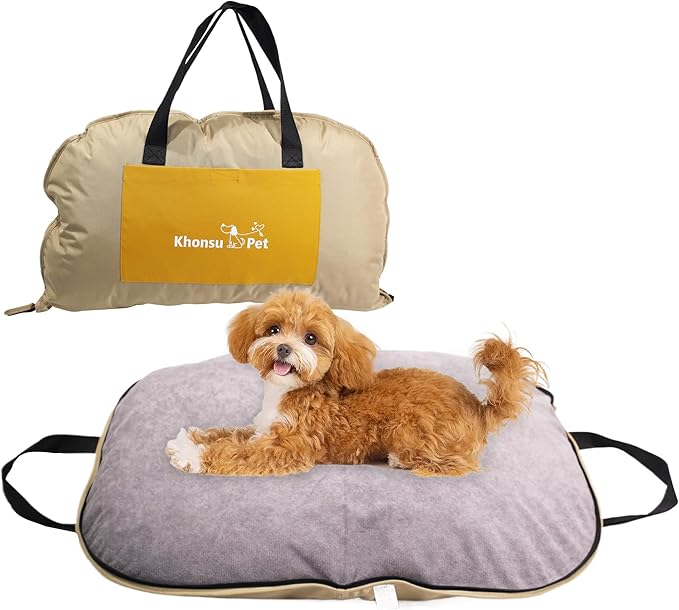 Portable Waterproof Dog Mat for Camping, Patio &amp; Travel - Foldable Outdoor Dog Bed with Teflon Shell &amp; Removable Plush Pad - Easy Clean, Durable - S (Khaki)