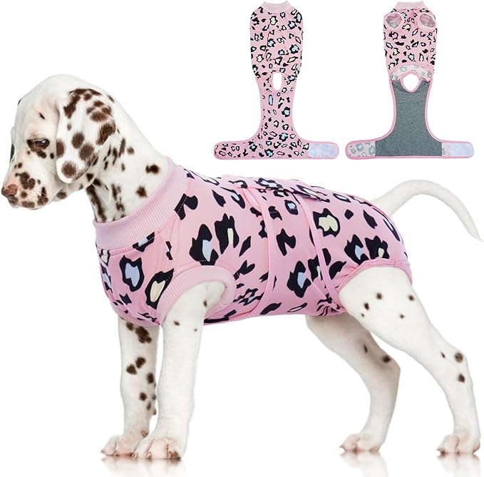 FUAMEY Recovery Suit for Dogs After Surgery,Soft Breathable Dog Bodysuit E-Collar &amp; Cone Alternative Surgical Suit,Male Female Dog Neuter Spay Suits Anti Licking Wounds Onesie Pink Leopard S