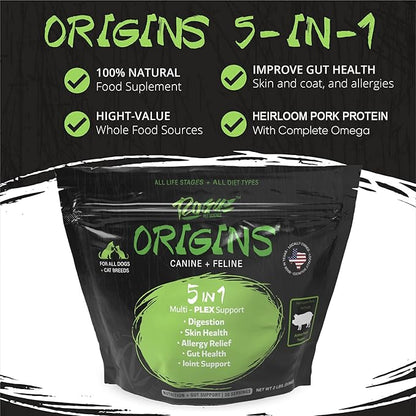 Origins 5-in-1 Dog Supplement - Powdered Food Topper w/Natural Heirloom Pork Protein- Supports Healthy Digestion, Skin, and Coat - Helps Reduce Itching &amp; Joint Inflammation (2 lbs)