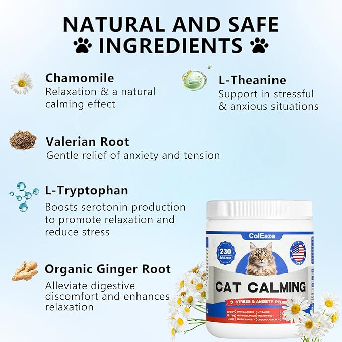 Calming Chews for Cats, Cat Calming Treats - Cat Anxiety Relief, Helps Reduce Stress &amp; Promotes Relaxation for Travel, Boarding, Vet Visits, Separation Anxiety - Chicken (230 Soft Chews)