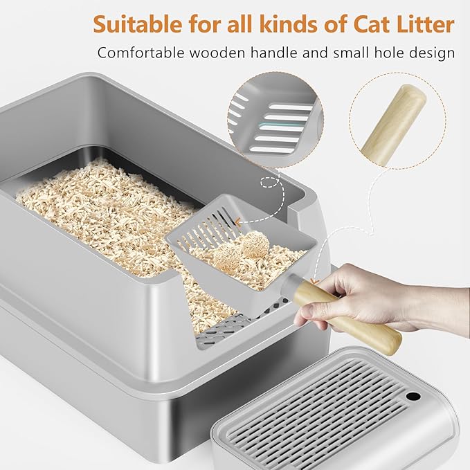 Stainless Steel Cat Litter Box with Lid, XL Extra Large Litter Box for Big Cats, Enclosed Removable Metal Litter Boxs with High Sided Enclosure &amp; Scoop, Anti-Leakage, Non-Sticky, Easy Cleaning(Grey)
