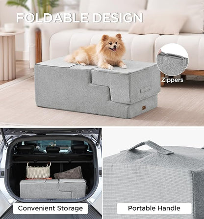 Made4Pets Dog Steps for Bed, Extra Wide Dog Stairs for High Bed Couch Sofa, 35D Foam Pet Steps for Small Dogs and Cats, Non-Slip Bottom Pet Stairs, Light Grey, 4 Steps