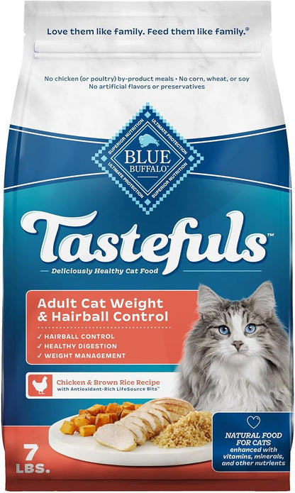 Blue Buffalo Tastefuls Adult Dry Cat Food for Weight Management &amp; Hairball Control, Made in the USA with Natural Ingredients, Chicken Recipe, 7-lb Bag