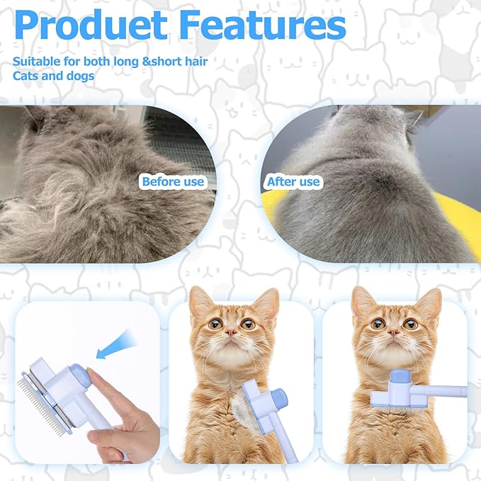 Zen Brush for Cats: Cat Flea Comb &amp; Dematting Comb for Cats - Self-Cleaning Pet Hair Removal Tool with Long &amp; Short Stainless Steel Teeth, Blue Pink