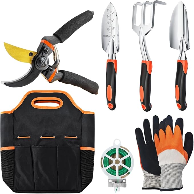 ESOW Garden Tool Set 7 PCS, Includes Cast-Aluminum Heavy Duty Hand Trowel, Transplant Trowel, Hand Rake, SK-5 Steel Gardening Scissor, Plant Tie, Bag &amp; Gloves, Tool Kit Gifts