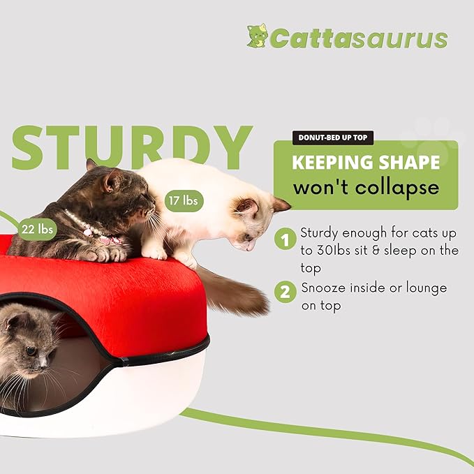 Cattasaurus Peekaboo Cat Cave, Extra Spacious for Multiple &amp; Large Cats 12+ lbs, Scratch Detachable Cat Beds for Indoor Cats, Washable Tunnel Bed, Comfy Cat Donut Tunnel (Ruby Snowball, Jumbo)