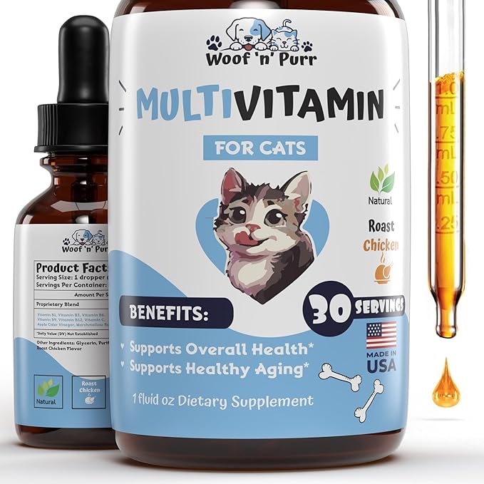 Cat Multivitamin - Promotes Healthy Skin &amp; Coat, Joint Support, Longevity &amp; More - Cat Vitamins - Cat Supplements &amp; Vitamins - Cat Vitamins for Indoor Cats - Kitten Vitamins - Cat Immune Support - 1oz