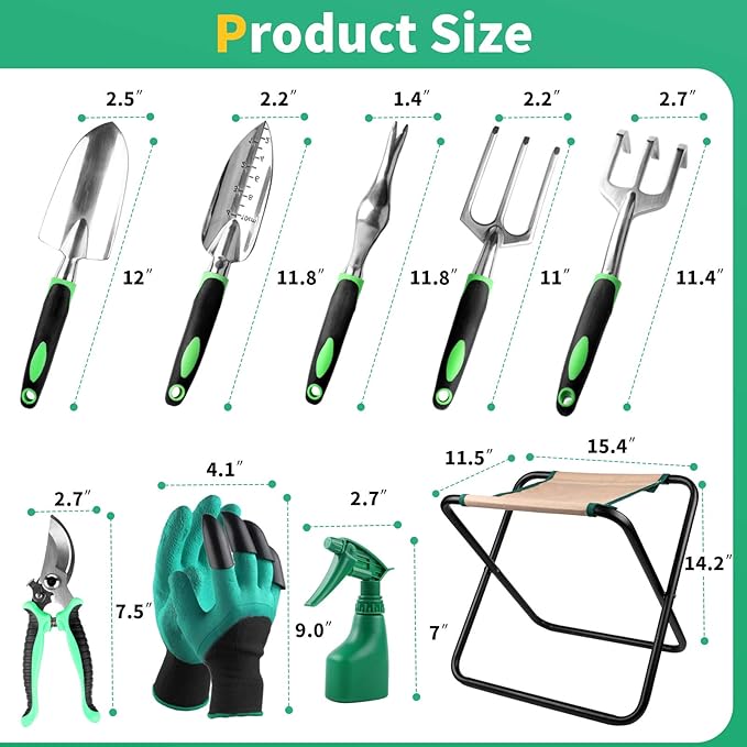 Kitness 9 PCS All-in-one Garden Tools Set Heavy Duty Cast-Aluminium Alloy Gardening Tools Kit with Folding Stool Seat&amp;Detachable Canvas Tool Bag Great Gifts for Gardening