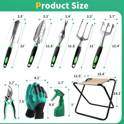 Kitness 9 PCS All-in-one Garden Tools Set Heavy Duty Cast-Aluminium Alloy Gardening Tools Kit with Folding Stool Seat&amp;Detachable Canvas Tool Bag Great Gifts for Gardening