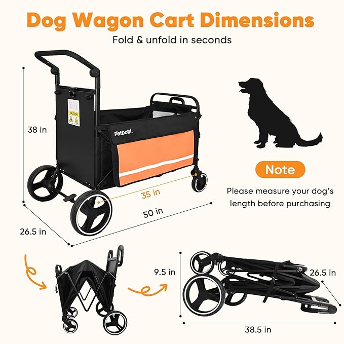 Petbobi Dog Wagon Stroller for Large &amp; Medium Dogs - 2-in-1 Push-Pull Pet Stroller with Ramp, Foldable All Terrain Wagon Cart, One-Step Brake, Suitable for Outdoor Walks &amp; Camping, Orange