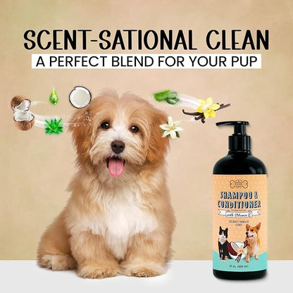 POM Pets 2-in-1 Organic Dog Shampoo &amp; Conditioner – Itchy Skin Relief, Dog Deshedding, Detangles Fur, Cat Shampoo, Paw Cleaner for Dogs, Natural Coat Defense Formula