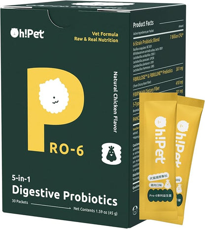 Oh!Pet® 5-in-1 Digestive Probiotics – 7B CFU Powder for Dogs &amp; Cats with Prebiotics &amp; Enzymes (Chicken, 30 Packets)