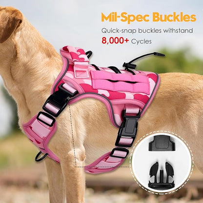 Heavy-Duty Tactical Dog Harness for Large Dogs, No Pull Adjustable Reflective Pet Vest with Molle System, K9 Military-Grade Control for Service Training, Outdoor &amp; 10+ Breeds, Pink Camo, Small