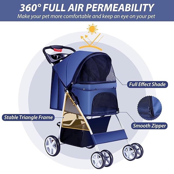 4 Wheels Pet Stroller for Small Medium Dogs Cats 10-33 lbs, Foldable Dog and Cat Stroller with Cup Holder &amp; Storage Basket &amp; Breathable Mesh, Pet Strolling Cart for All-Season, Navy Blue