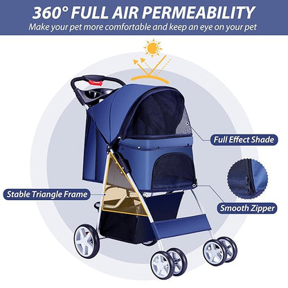 4 Wheels Pet Stroller for Small Medium Dogs Cats 10-33 lbs, Foldable Dog and Cat Stroller with Cup Holder &amp; Storage Basket &amp; Breathable Mesh, Pet Strolling Cart for All-Season, Navy Blue