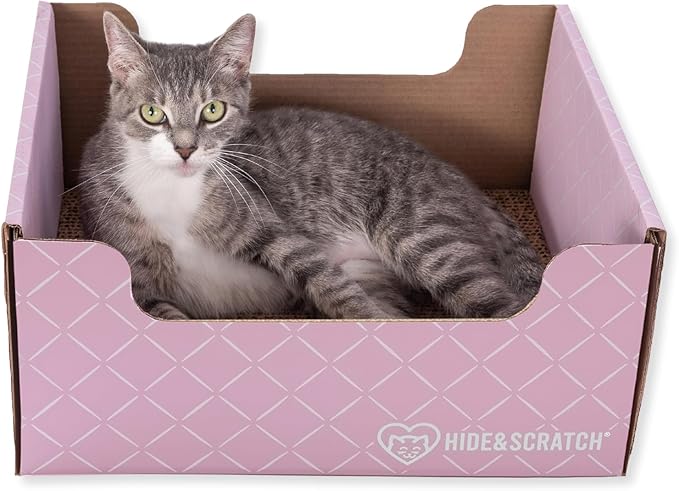 HIDE &amp; SCRATCH Cat Scratcher Box and Cat Bed with Refillable Double-Sided Cardboard Scratch Pad for Indoor Cats
