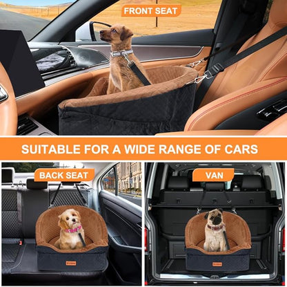Vivifying Dog Car Seat for Small &amp; Medium Dogs, Detachable &amp; Washable Booster Seat for Pets Up to 30lbs, Travel Bed with Storage Pockets and Safety Belt – Brown&amp;Black