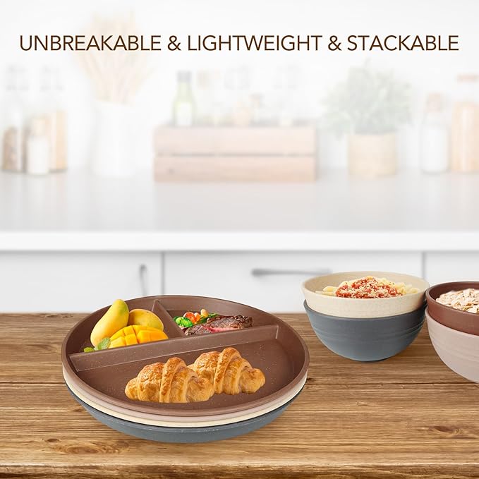 greenandlife 9 Inch 4PCS Unbreakable Portion Control Plates, Divided Plates for Kids Adults, Dishwasher &amp; Microwave Safe Compartment Plate, Lightweight Reusable Wheat Straw Plate, BPA Free