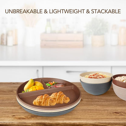 greenandlife 9 Inch 4PCS Unbreakable Portion Control Plates, Divided Plates for Kids Adults, Dishwasher &amp; Microwave Safe Compartment Plate, Lightweight Reusable Wheat Straw Plate, BPA Free