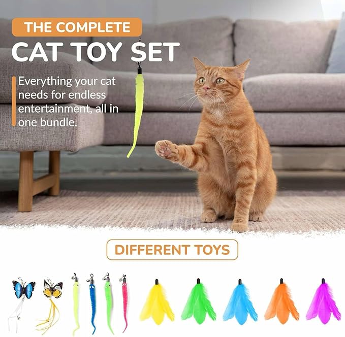 PAWSITIVE Interactive Cat Toys - Retractable Feather Wand with Refill Set 12PCS - Perfect for Indoor Cats to Chase, Exercise &amp; Bond with Their Owners