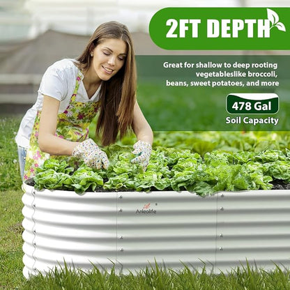 A ANLEOLIFE 8X4X2 ft Galvanized Raised Garden Beds Outdoor, Oval Large Metal Deep Root Planter Box for Planting Vegetables Flowers Herb, Anti-Rust &amp; Easy-Setup, Antique White
