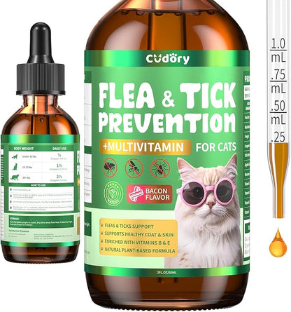 Flea &amp; Tick Support for Cats – Natural Herbal Drops with Multivitamin – Fleas and Ticks Comfort Formula for Cat All Breeds &amp; Ages – Bacon Flavor