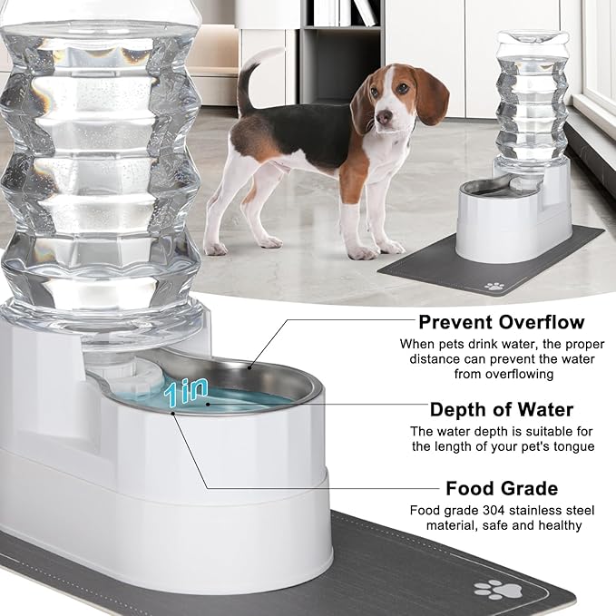 Sfozstra Large Dog Water Dispenser: 8L Automatic Stainless Steel White Water Feeder with Waterproof Pad - Raised Edge Water Dispenser for Dogs &amp; Cats Easy Clean