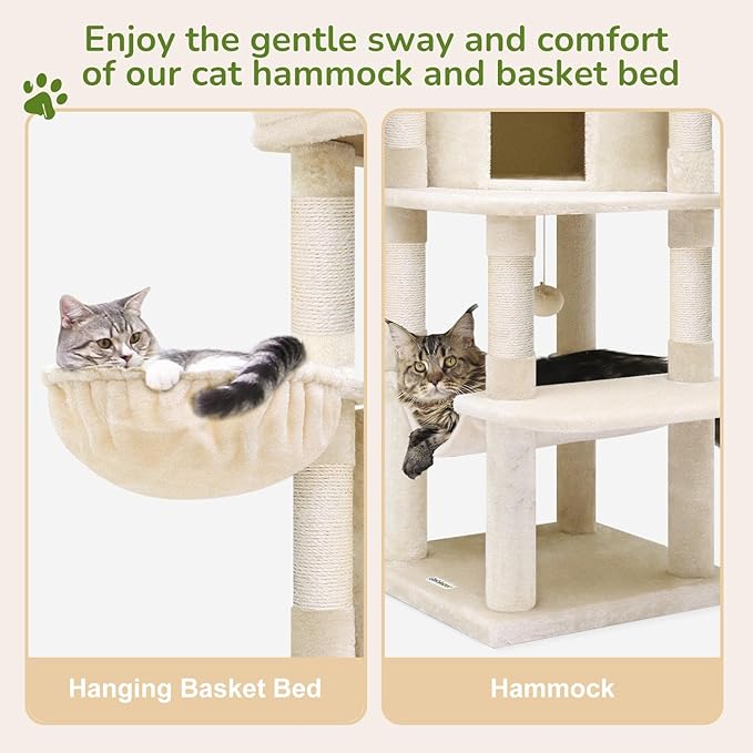 Globlazer Corner Cat Tree, 51in Curved Series Modern Cat Tower for Indoor Cats with Hammock, 7 Sisal Scratching Posts, Large Fan-Shaped Platform for Large Cats, Cat Condo &amp; Hanging Basket, C51, Beige