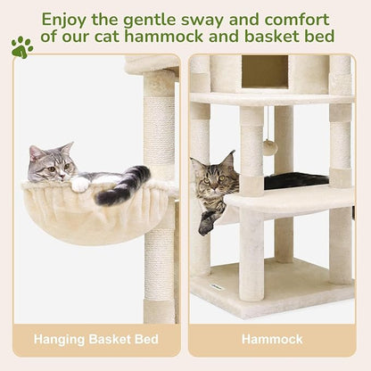 Globlazer Corner Cat Tree, 51in Curved Series Modern Cat Tower for Indoor Cats with Hammock, 7 Sisal Scratching Posts, Large Fan-Shaped Platform for Large Cats, Cat Condo &amp; Hanging Basket, C51, Beige