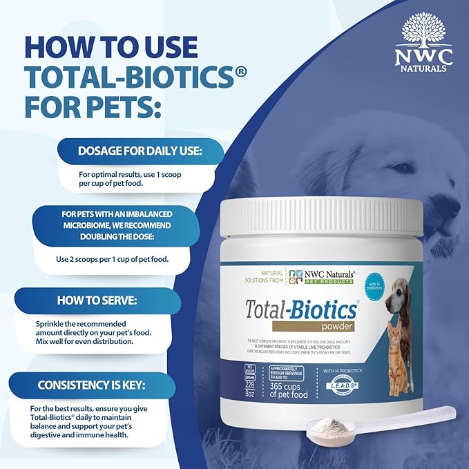 NWC Naturals Total-Biotics, Cat &amp; Dog Probiotics for Digestive Health with Prebiotic, Unflavored Probiotic for Dogs &amp; Cats, Supplement for Gut, Skin, Coat, Upset Stomach Relief, 365 Servings, 8 Ounces