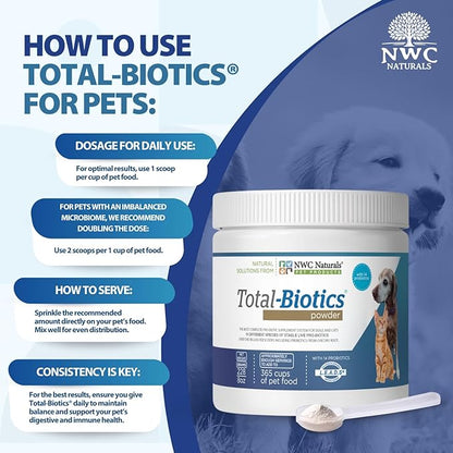 NWC Naturals Total-Biotics, Cat &amp; Dog Probiotics for Digestive Health with Prebiotic, Unflavored Probiotic for Dogs &amp; Cats, Supplement for Gut, Skin, Coat, Upset Stomach Relief, 365 Servings, 8 Ounces