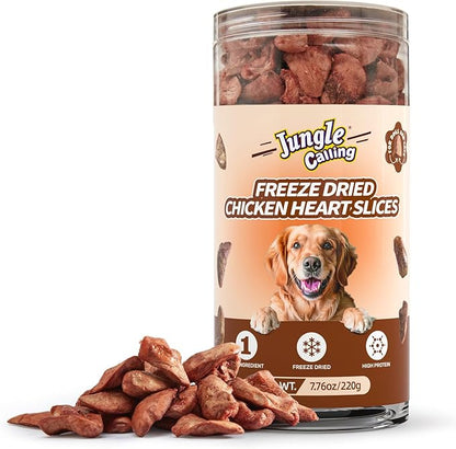 Jungle Calling Cat Treats &amp; Dog Snacks, Freeze Dried Chicken Hearts Halves for Cats &amp; Dogs, Single Ingredient Organ Meat, High Protein Pet Training Treats &amp; Food Topper, 7.76 oz