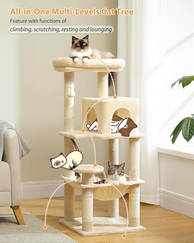 PETEPELA 45.7" Cat Tree for Indoor Cats, 5-Level Cat Tower for Large Cats with Metal Frame Large Hammock (17.3"x15.3"), Cat Condo with (18.5"x13") Big Top Perch &amp; 4 Sisal Covered Scratching Post Beige