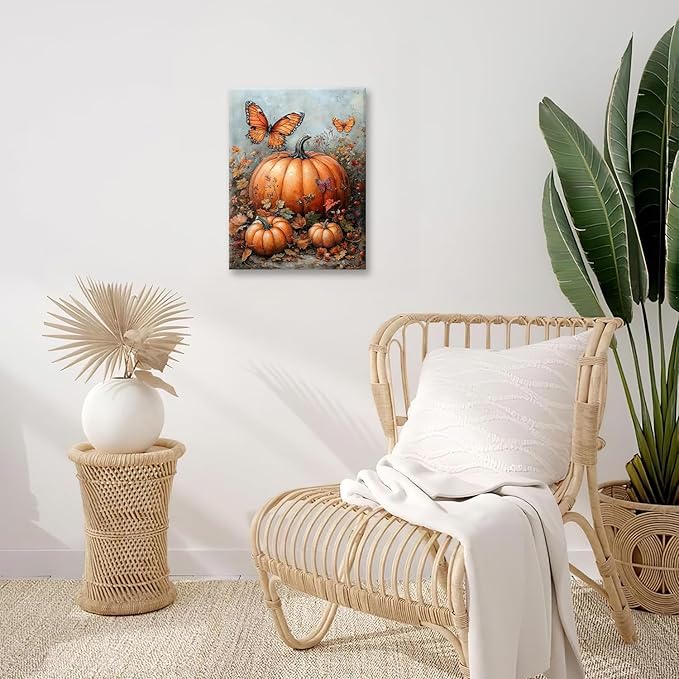Fall Pumpkin Pictures Wall Art, Rustic Thanksgiving Bathroom Wall Decor, Farmhouse Autumn Butterfly Framed Painting Canvas Artwork for Harvest Gift Bedroom Living Room Decorations 16"L x 12"W