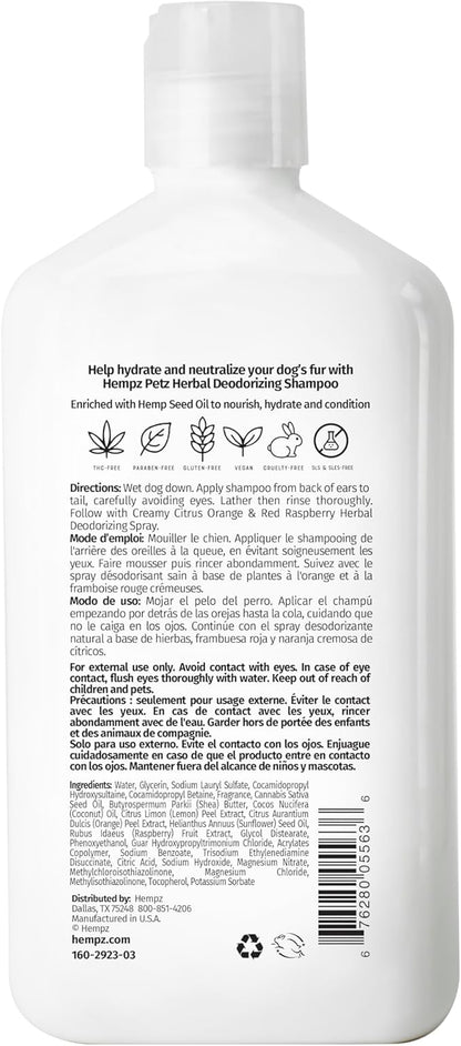 Hempz Petz Dog Shampoo, Creamy Citrus Orange &amp; Red Raspberry Herbal Deodorizing Cleanser, 17 oz.