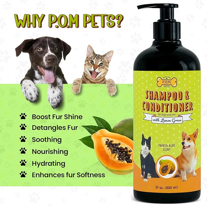 POM Pets 2-in-1 Organic Dog Shampoo &amp; Conditioner – Itchy Skin Relief, Dog Deshedding, Detangles Fur, Cat Shampoo, Paw Cleaner for Dogs, Natural Coat Defense Formula