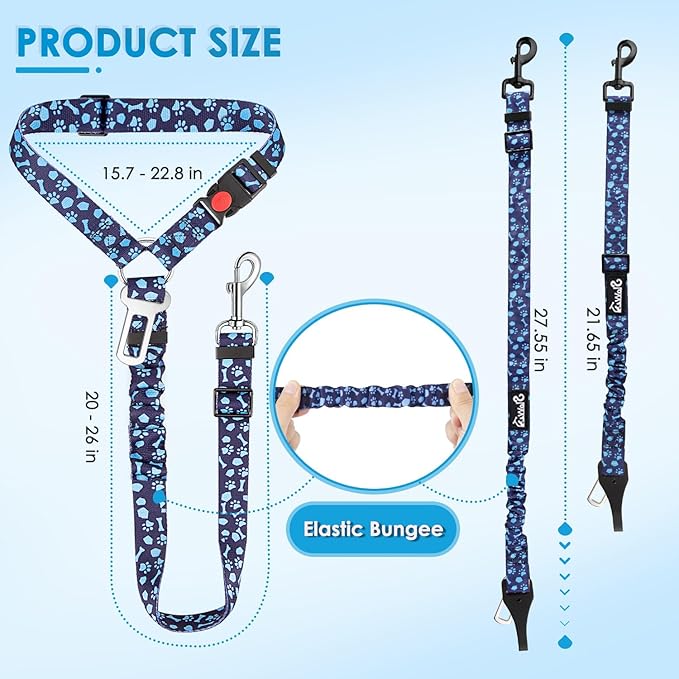 Lukovee Dog Seatbelt Leash for Cars, 2 Pack Pet Safety Car Seat Belt with Adjustable Buckle &amp; Reflective Bungee, Connect Dog Harness in Vehicle Car Dogs Restraint Travel Daily Use (Blue Paw)