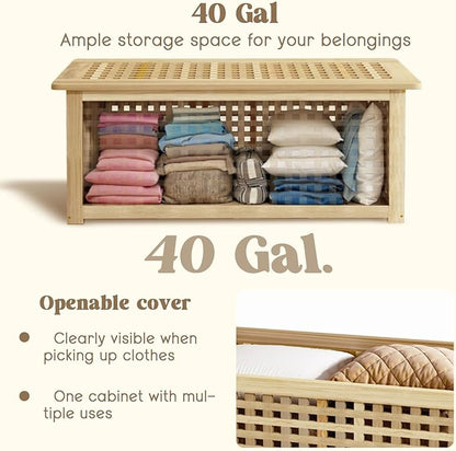 Bench with Storage, Acacia Laundry Hamper with Seat, Storage Benches with Seating for Entryway, Living Room, Bedroom, Bathroom (15.7x38.6x17.7in)