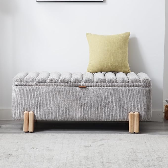 Kmax 45" Storage Bench Velvet Entryway Bench Upholstered Ottoman Bench with Wavy Top &amp; Safty Hinge for Bedroom Living Room Hallway, Grey