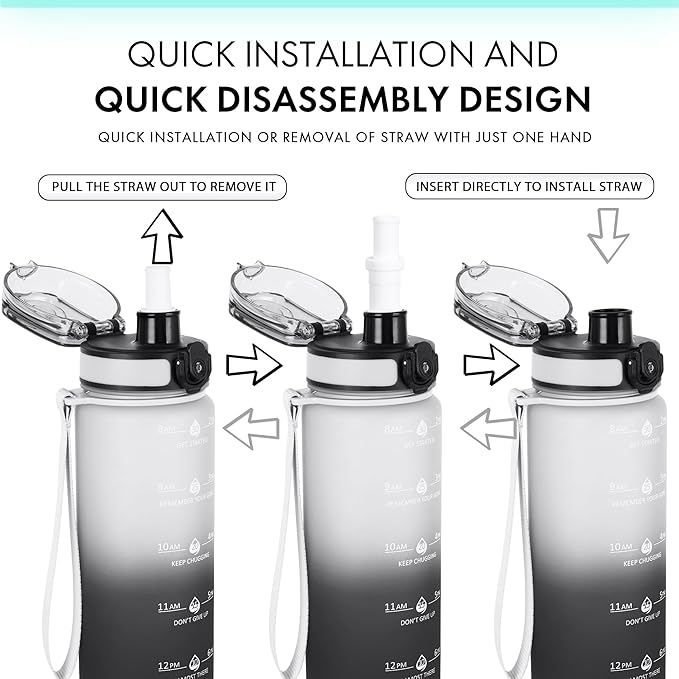 32oz Motivational Water Bottles with Time Marker &amp; Fruit Strainer, Transparent Gradient Color Water Bottle with Times to Drink, Leakproof &amp; BPA Free, Reusable Bottle with Strap (No Straw)
