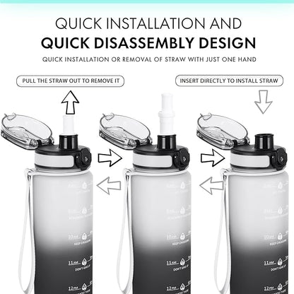 32oz Motivational Water Bottles with Time Marker &amp; Fruit Strainer, Transparent Gradient Color Water Bottle with Times to Drink, Leakproof &amp; BPA Free, Reusable Bottle with Strap (No Straw)