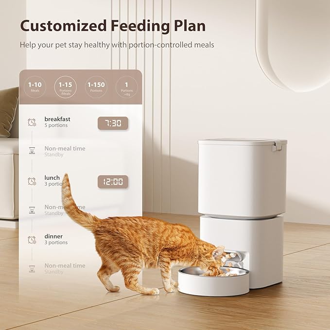 5L/21 Cups Automatic Cat Feeder, Timed Automatic Pet Feeders, Cat Dry Food Dispenser Dual Power, 10 Meals Programmable 1-15 Portion Control Cats Feeder, Pet Food Dispenser for Cats &amp; Puppy(Not WiFi)