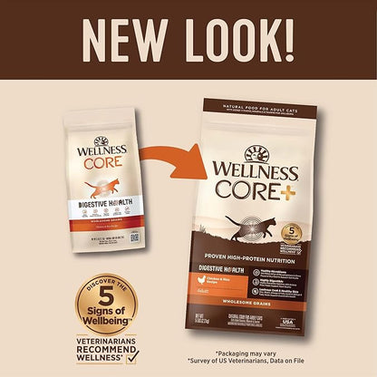 Wellness CORE+ Adult Dry Cat Food for Indoor and Outdoor Cats, Wholesome Grains, Natural, Digestive Health Chicken &amp; Rice (5 Pound Bag)
