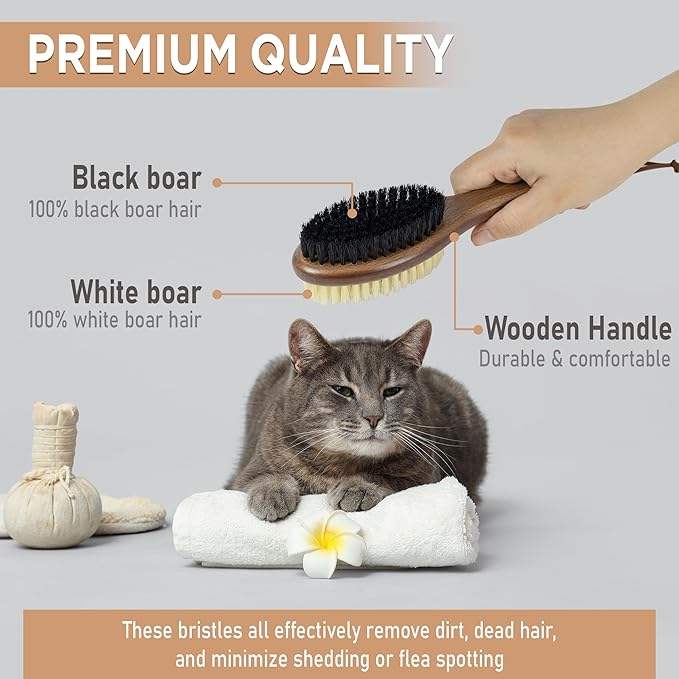 Takavu Double-Sided Boar Bristle Cat Brush - Natural Grooming Tool for Gentle Cleaning, Shine &amp; Reduced Loose Hair - Wood Handle Pet Brush